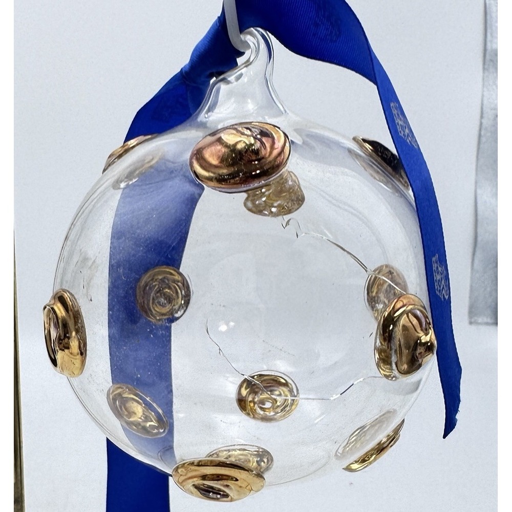 Hand Blown Glass Clear Ball Christmas Ornament with Gold Dots Vintage 3" Round